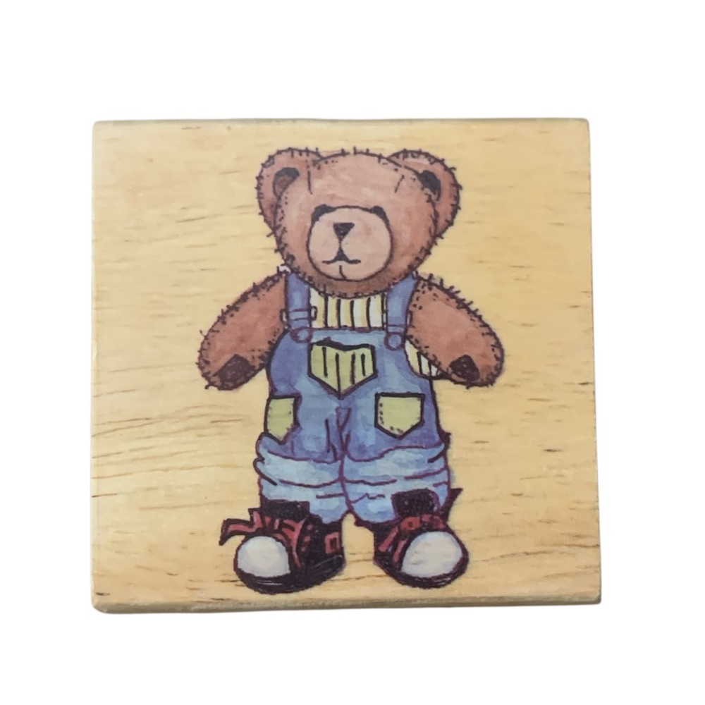 -New-Teddy Bear with Overalls Rubber Stamp Wooden Mount